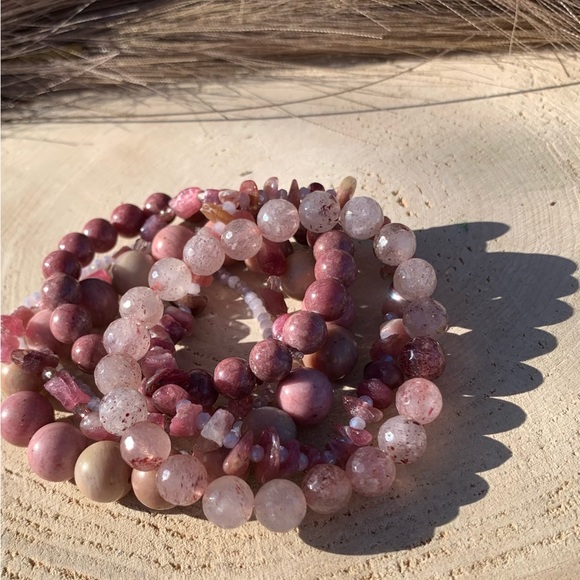 Natural Strawberry Quartz, Pink Rhodonite & Raw Tourmaline Gemstone Bracelets - Picture 6 of 15